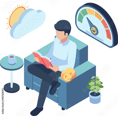 Isometric Man Relaxing and Reading Book for Stress Relief
