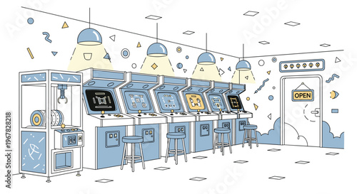 Retro arcade room featuring several classic gaming cabinets and a claw machine under warm pendant lights in a nostalgic entertainment venue.