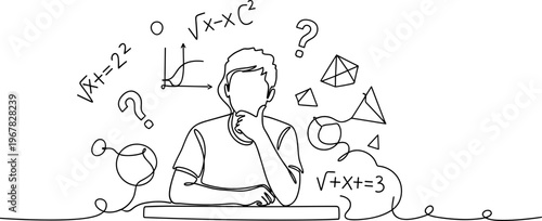 Young man thinking with math problems.