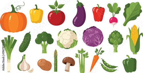 Vegetable flat vector set. Fresh organic vegetables including pumpkin pepper tomato eggplant cabbage broccoli and corn. Healthy food illustrations for cooking, grocery and vegan design.