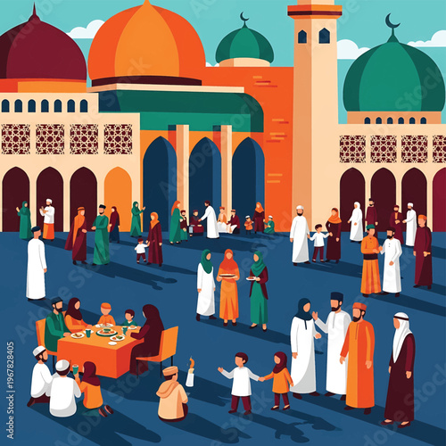 People in traditional Islamic clothing gathered.