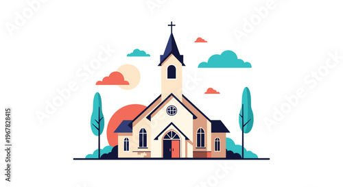 Charming vector illustration of a traditional white church with a tall steeple and a cross under a bright sun with stylized trees and clouds.