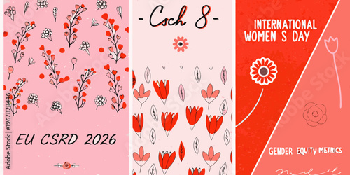 Floral banners promoting international women s day and equity metrics