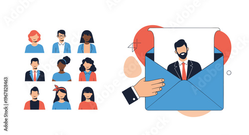 Concept illustration showing a diverse set of people avatars alongside a large blue envelope containing a professional male profile photo.
