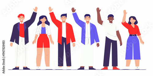 Diverse group of people raising their hands in a celebratory pose