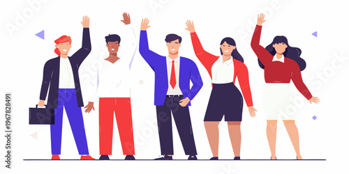 Diverse group of professionals celebrating success with arms raised high