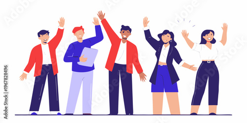 A diverse group of people celebrating success with raised hands