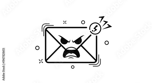 Black and white line art icon depicting an email envelope with an angry face and lightning bolts symbolizing hate mail or spam.