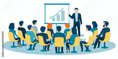 A business professional presents data analytics to an attentive group