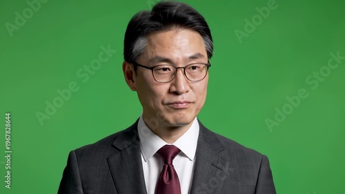 Professional businessman smiling in front of green screen
