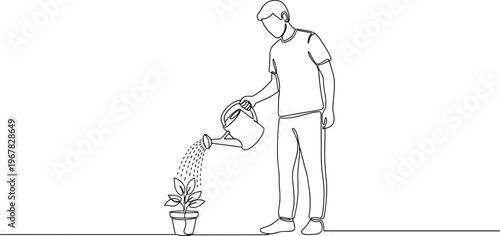 Man watering a potted plant.