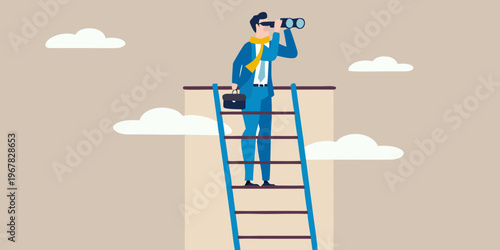 Businessman stands on a ladder looking through binoculars at the future