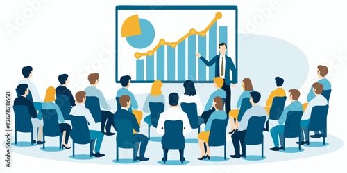 A business presentation is being delivered to a seated audience