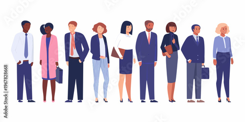 Diverse group of business professionals standing in a row full body portraits