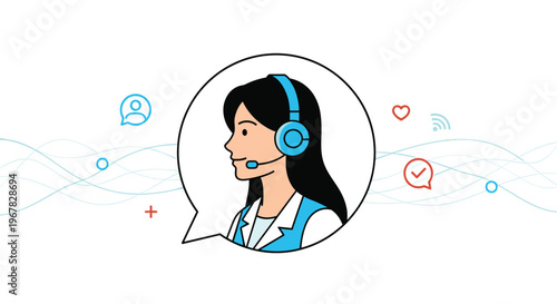 Professional female customer support agent with a headset appearing inside a speech bubble surrounded by communication symbols and waves.