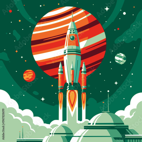 Space rocket launch from alien spaceport, science fiction poster. Vector illustration. Transparent background SVG version.