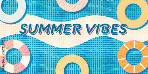 Summer vibes illustration featuring colorful pool floats and wavy lines
