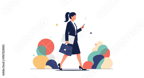 Confident business woman in a suit walking purposefully while holding a laptop and briefcase and looking at her smartphone.