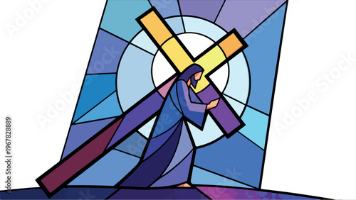 Jesus Christ Bearing The Cross In Stained Glass Style