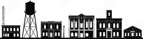 Main street silhouette featuring historic buildings storefronts a water tower and street lamp isolated on white background for small town concept
