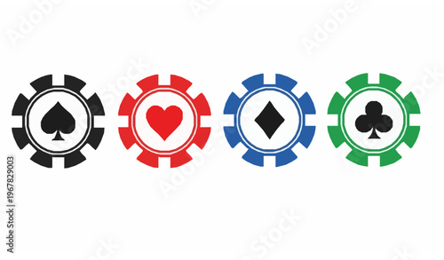 Casino poker chips set with spades hearts diamonds and clubs symbols flat vector illustration isolated on white