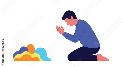 Peaceful illustration of a man kneeling on the floor with his hands together in a prayer pose next to colorful abstract shapes.