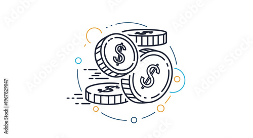 Stylish line art illustration of a stack of shiny gold dollar coins surrounded by decorative circular motion lines and dots.
