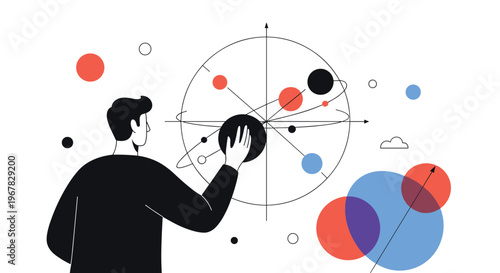 Artistic illustration of a person touching a complex celestial or atomic globe surrounded by abstract spheres and geometrical patterns.