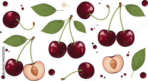 Cherry fruit set with cut halves flat vector. Fresh red cherries with leaves and juice splashes. Sweet organic fruit illustration for summer food, dessert and grocery design.