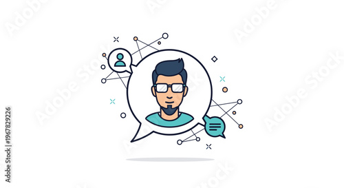 Modern profile icon of a man with glasses and a beard contained within a speech bubble and linked to a network of nodes.