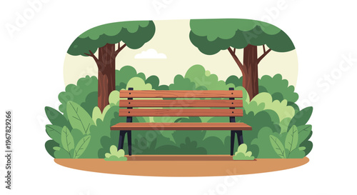 Serene illustration of an empty wooden park bench nestled among lush green bushes and tall trees in a quiet outdoor setting.