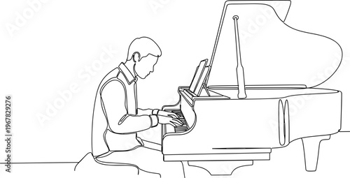 Man Playing Grand Piano Keyboard.