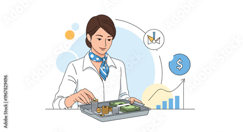 Professional bank teller or financial assistant counting cash and coins into a silver tray with business growth icons background.