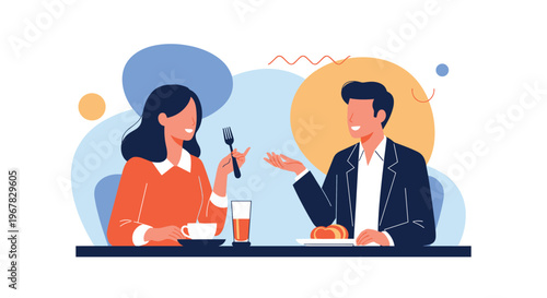 Couple enjoying a meal together at a restaurant table while engaged in a pleasant conversation over coffee and snacks.