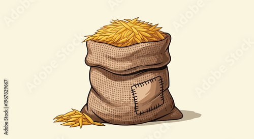 Rustic burlap sack overflowing with harvested golden grain or seeds sitting on a neutral cream background with some spill.
