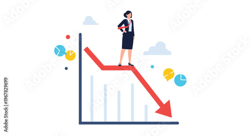 Businesswoman standing on a declining red arrow of a financial bar chart representing economic downturn or loss of profits.