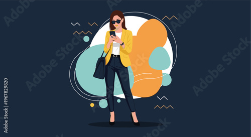 Fashionable young woman in a bright yellow blazer and sunglasses checking her smartphone against an abstract colorful backdrop.