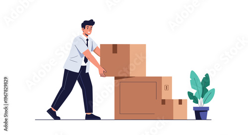 Young man in a professional shirt and tie moving or stacking brown cardboard shipping boxes in an office or home setting.
