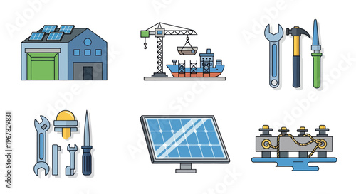 Renewable Energy and Industrial Tools Icons Set: Solar Power, Construction, Shipping, and Repair Equipment