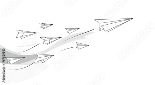Group of white paper airplanes flying in formation with one leading the way representing leadership and business progress.