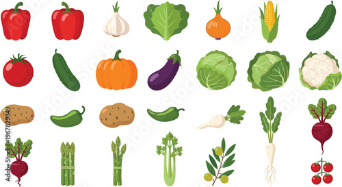 Vegetables flat vector icon set. Fresh organic farm produce collection with pepper tomato cabbage carrot and greens. Healthy food illustration for cooking grocery and nutrition design.