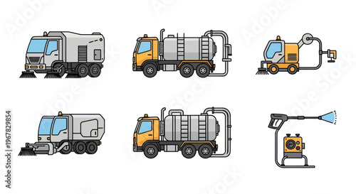 Set of Cleaning Vehicles and Equipment Icons: Street Sweeper, Vacuum Truck, Pressure Washer