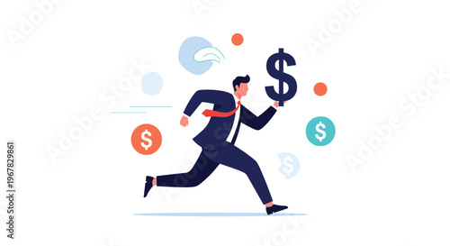 Motivated businessman in a dark suit running fast while holding a large dark blue dollar sign representing financial success.