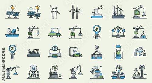 Smart Industry Icons: Renewable Energy, Logistics, Construction, and Automation