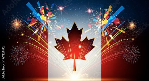 Vibrant canadian flag with maple leaf and fireworks display at night celebrating national pride and joyful festivities