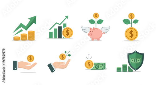 Financial Growth Icons: Coins, Piggy Bank, Graph, Shield, Money Stack