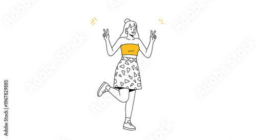 Cheerful young woman in a yellow tube top and patterned skirt striking a playful pose with peace signs and a raised leg.