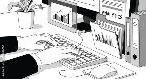 Close up view of hands typing on a keyboard at a desk surrounded by digital analytics charts and business documents.