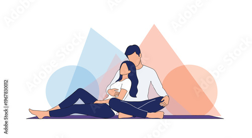 Couple sitting peacefully together on a purple mat against a backdrop of colorful geometric triangles and circles.