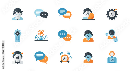 AI Chatbots and Digital Assistants Icons Set: Communication, Technology, Bots